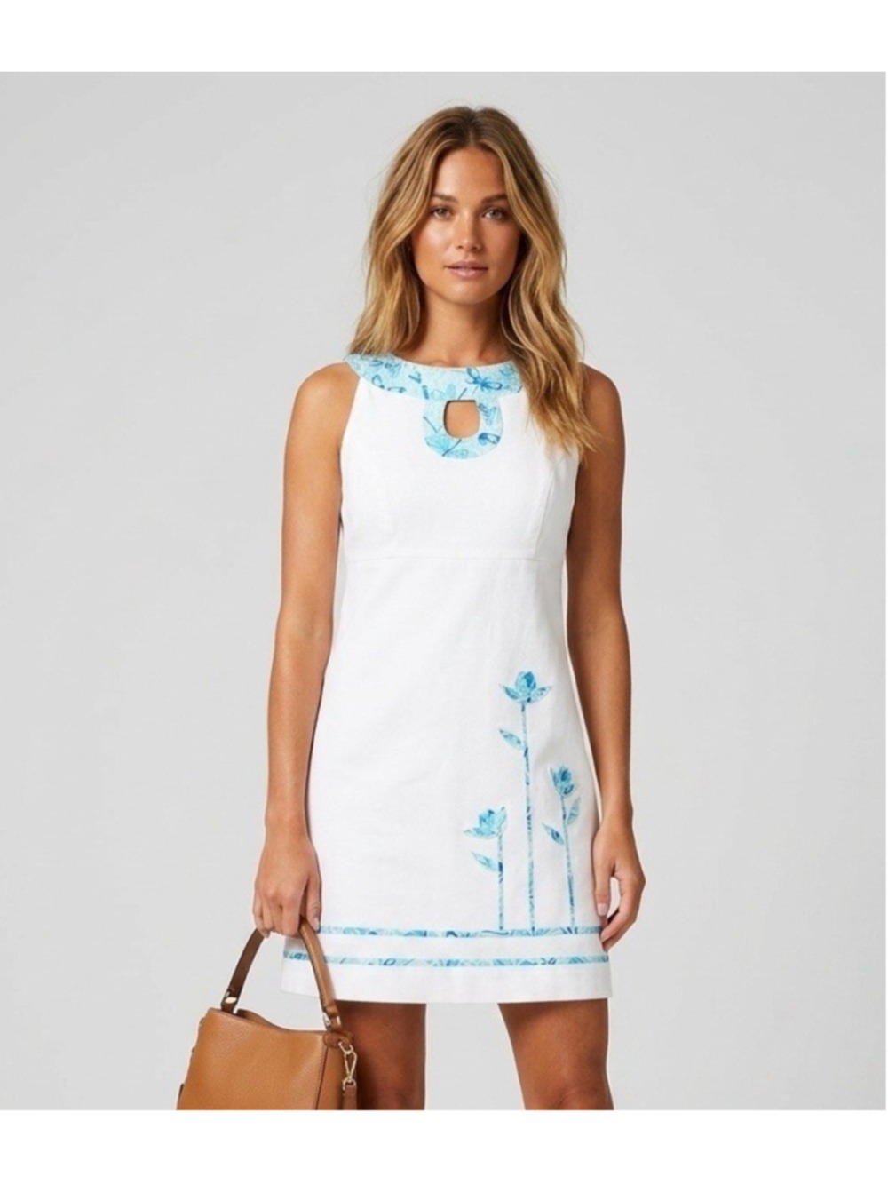 Lilly Pulitzer White Cotton Pique Dress Blue Dragonfly Keyhole Neck Shift Sz 2